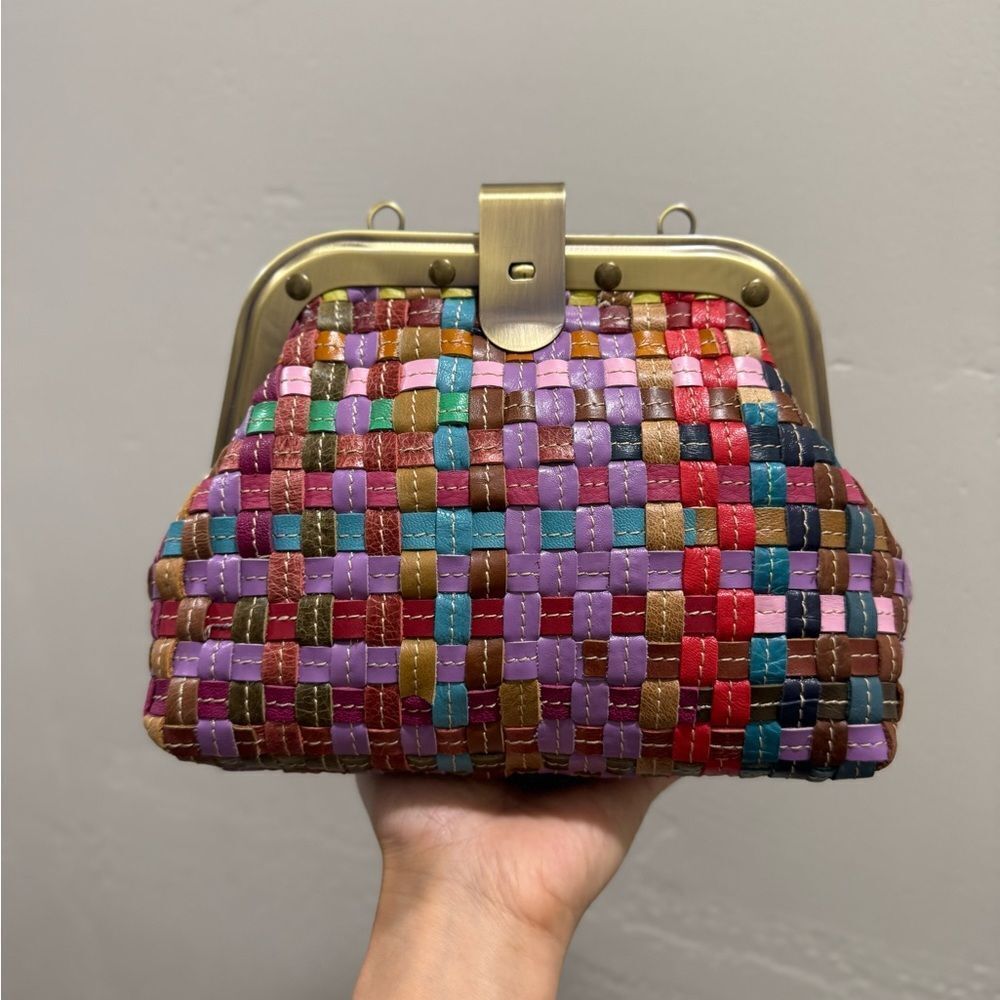 Colorful Woven Cowhide Leather Retro Metal Frame & Push Lock Handbag, Crossbody - Picture 4 of 14